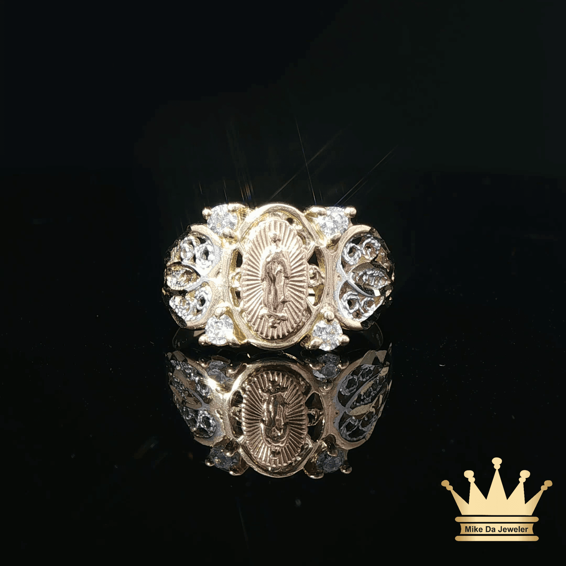 14K Tri-Color Gold Saint Mary Ring with Cubic Zirconia