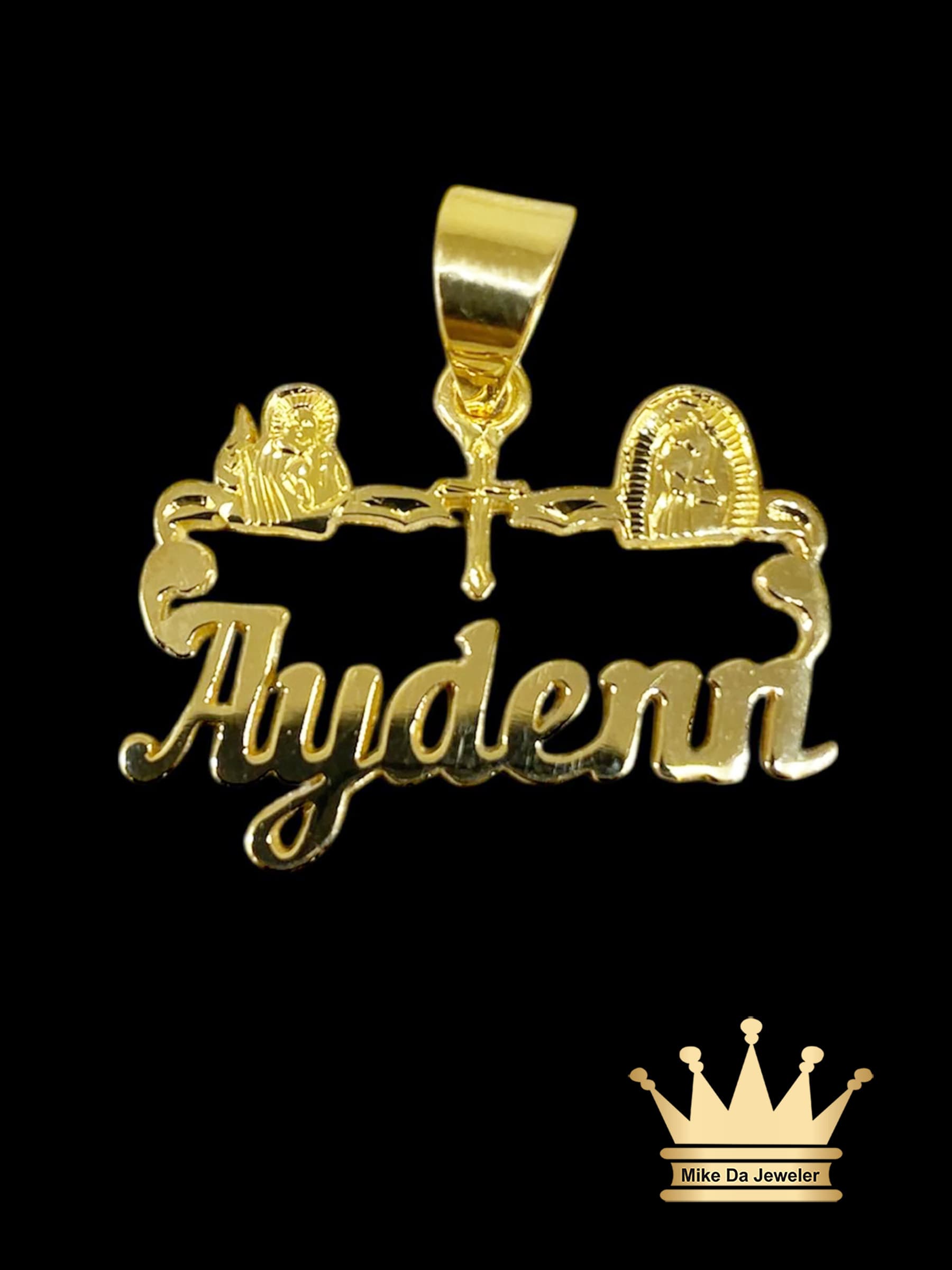 18K Gold Custom Name Pendant with Jesus & Mother Mary