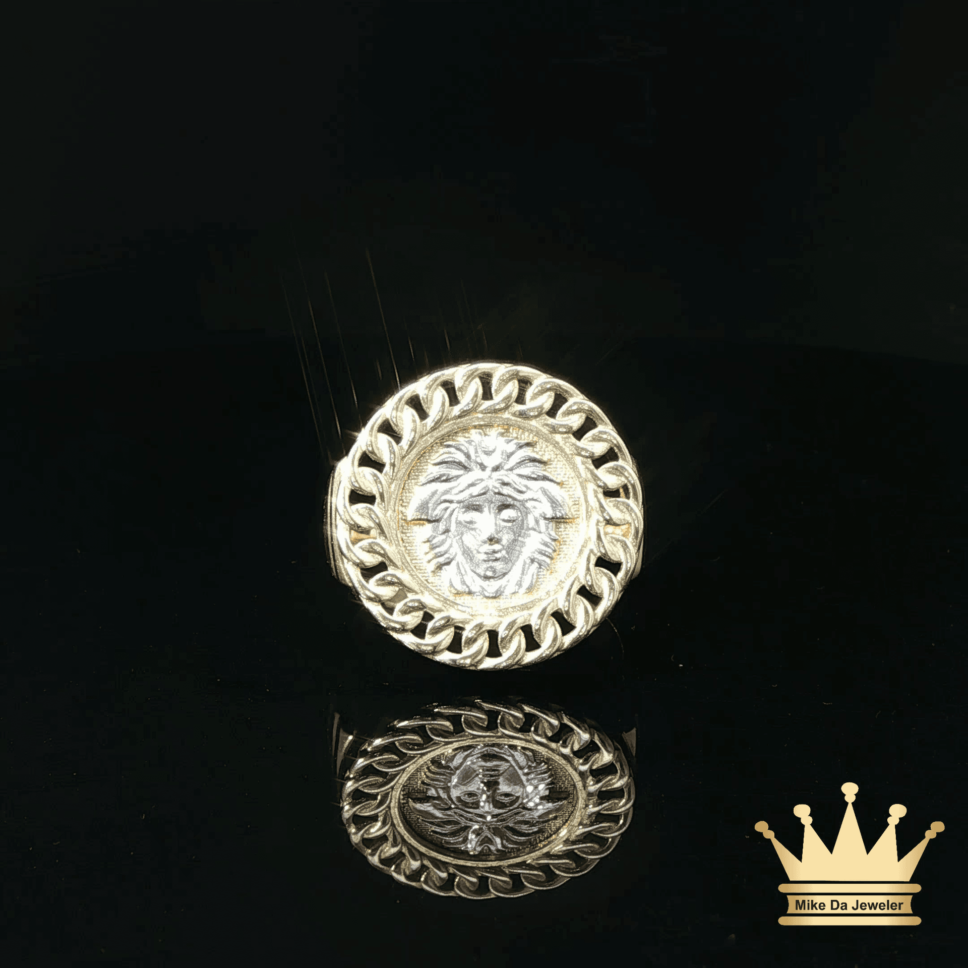 14K Circle Shaped Men's Medusa Ring with Cuban Ring Style