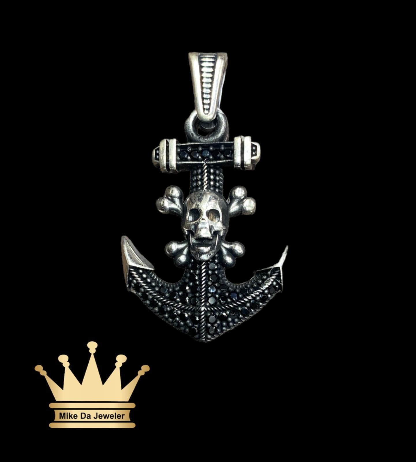 925 Sterling Silver Anchor Pendant with Skulls