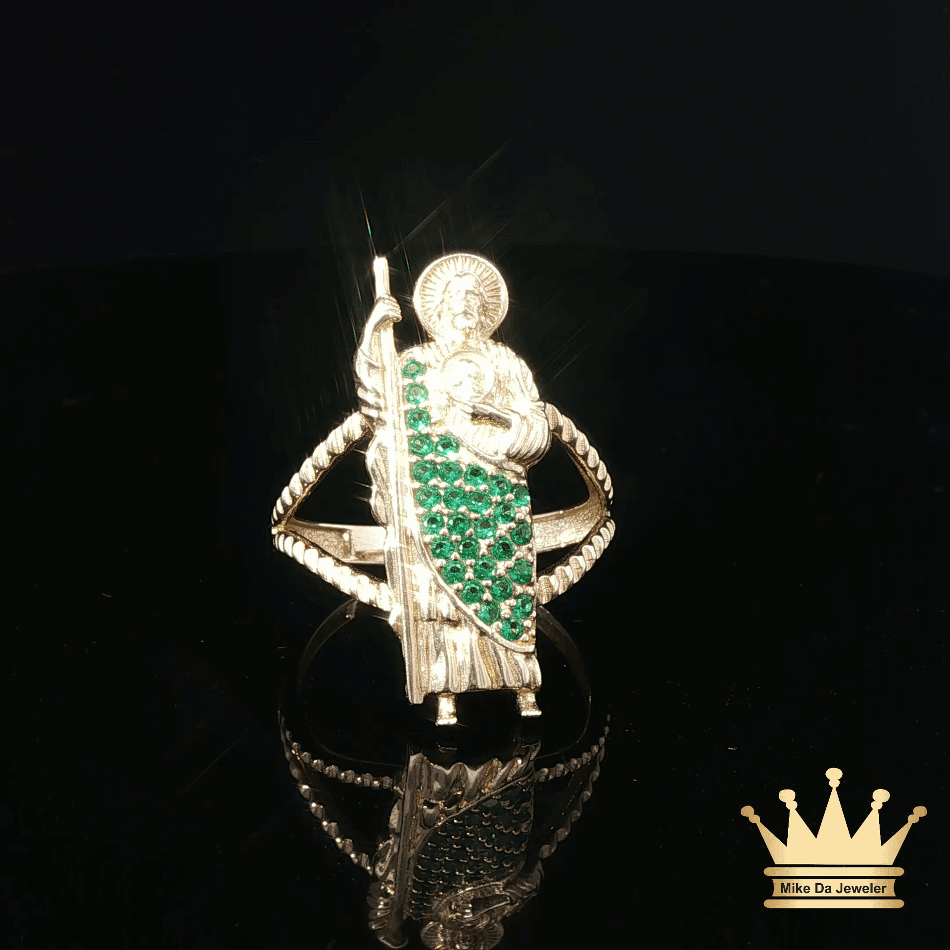 14K Gold Saint Jude Ring with Green C.Z