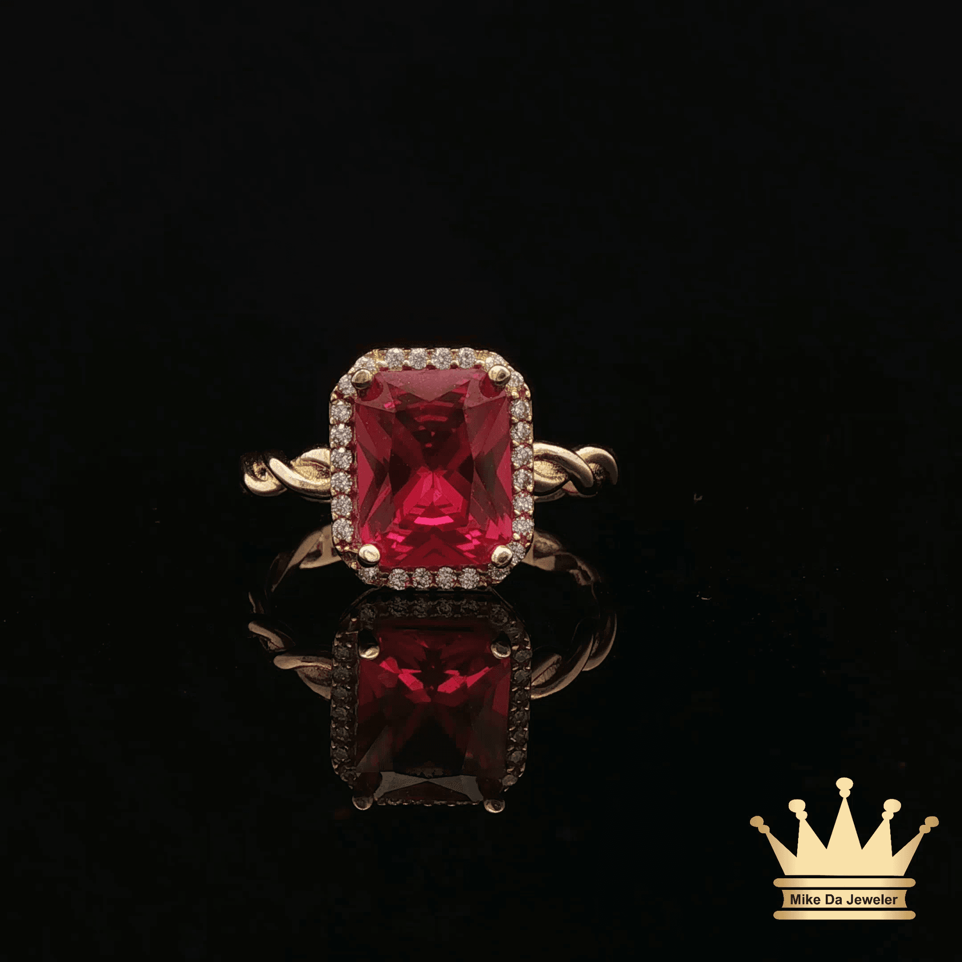 14K Yellow Gold Rope Style Ring with Red Cubic Zirconia Halo