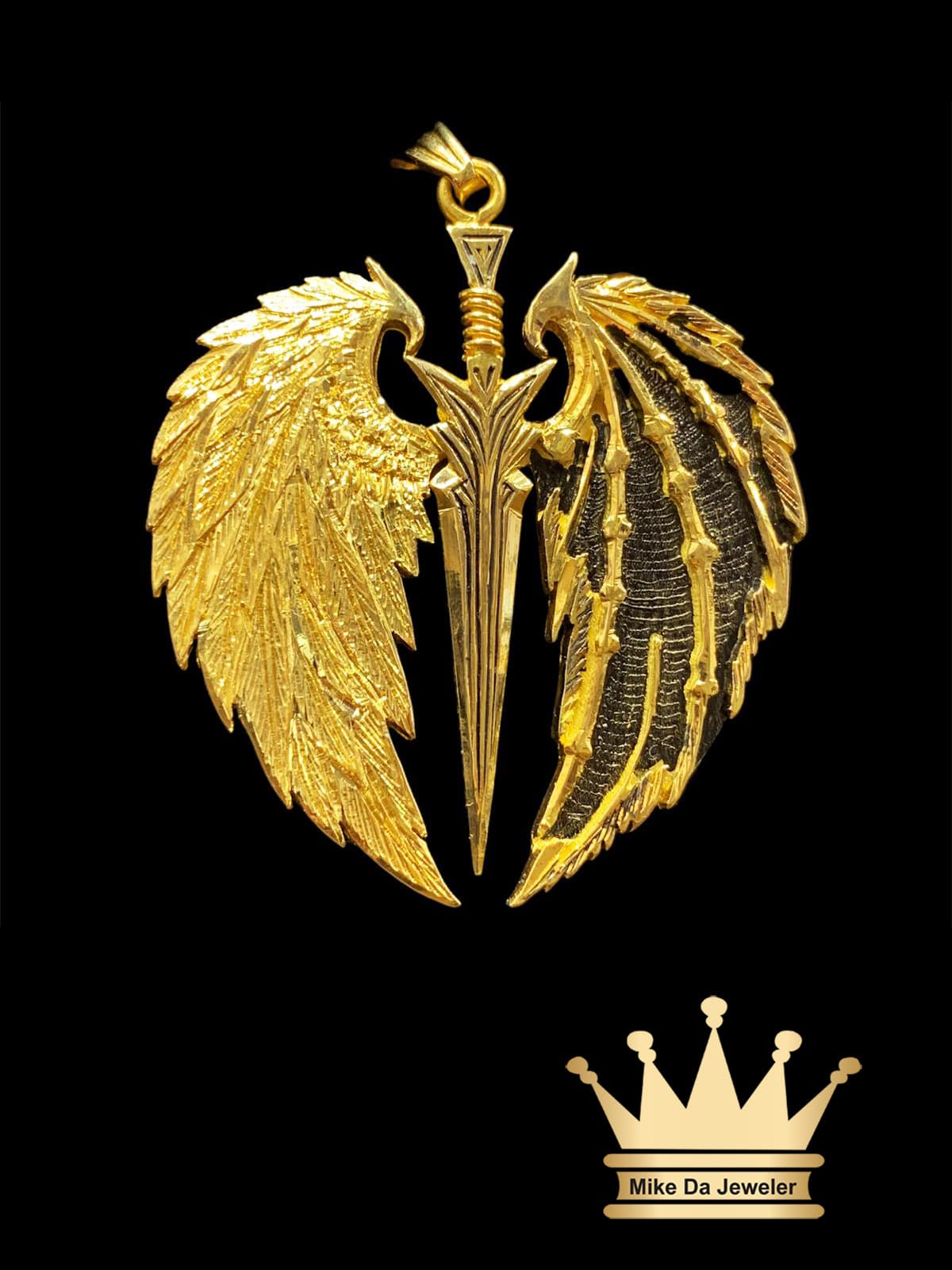 18K Solid Handmade Wings Pendant with Black Color Work