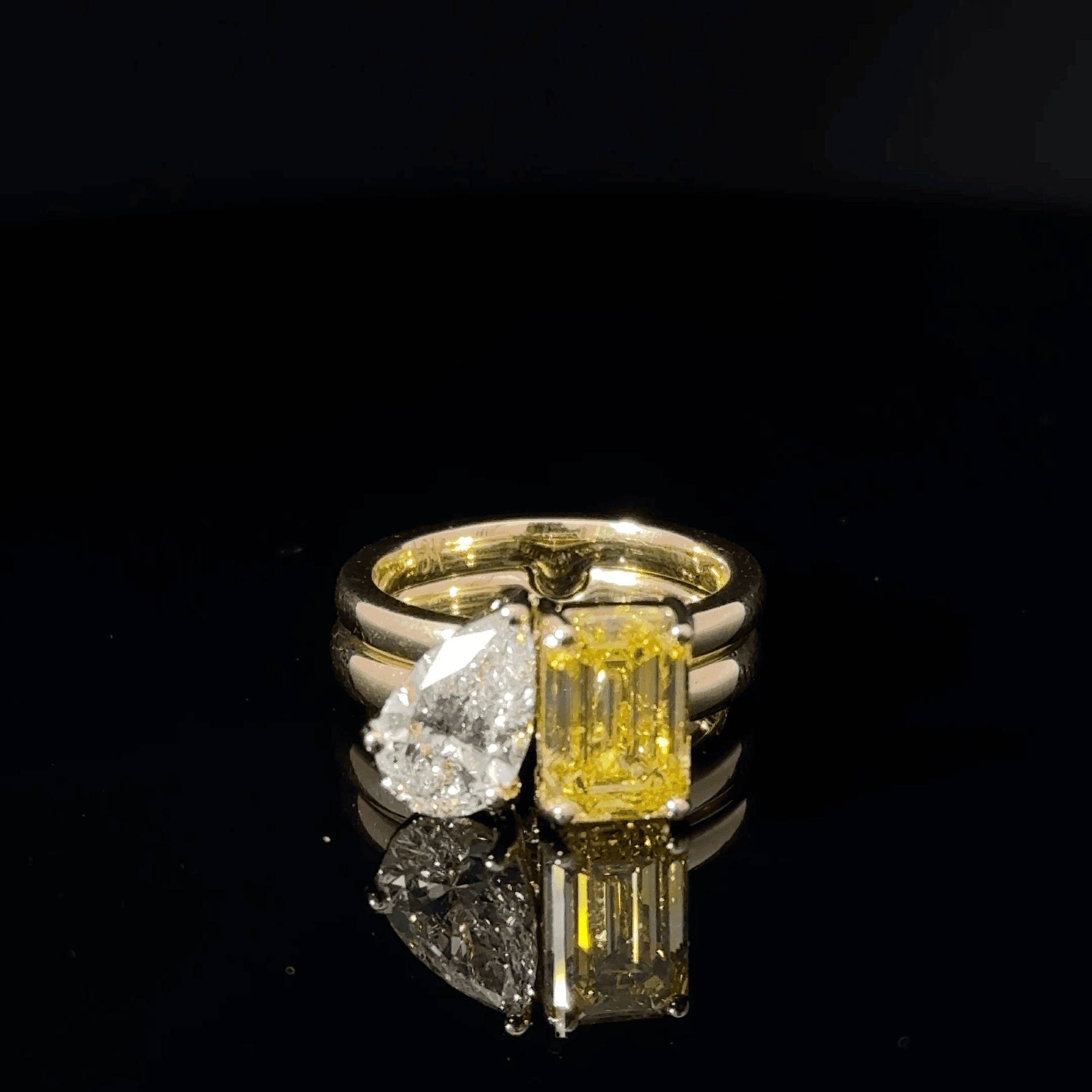 Yellow Gold Two-Stone Ring with Fancy Yellow Emerald Cut Diamond and Pear Quartz